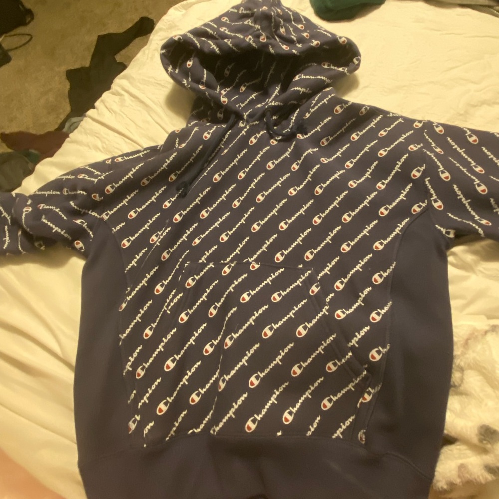blue champion hoodie. size XS